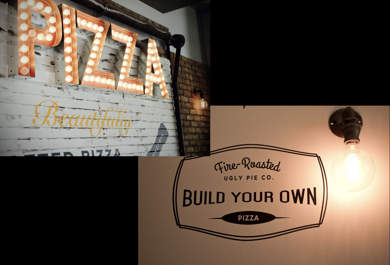 Restaurant interior details — marquee pizza sign and Edison bulb lighting